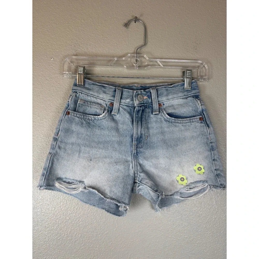 Old Navy Girls 8 High‎ Rise Built In Tough Denim Shorts Light Wash Flowers Raw
